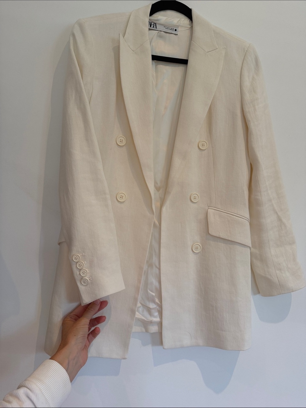 Zara White Linen Blend Double-Breasted Blazer Size Small Coastal Chic